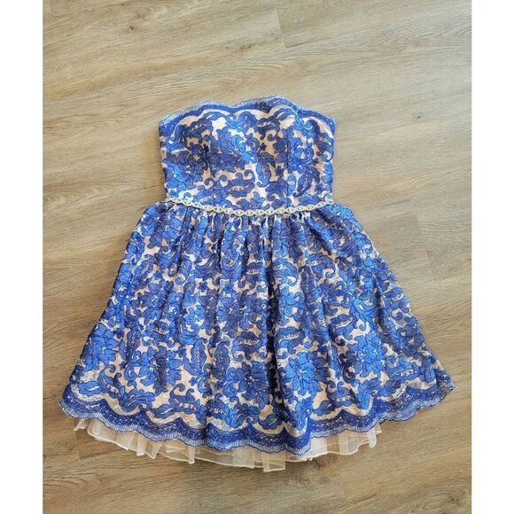 Lace dress formal size 7 Jodi Christopher  rhinestones blue strapless - Picture 7 of 14